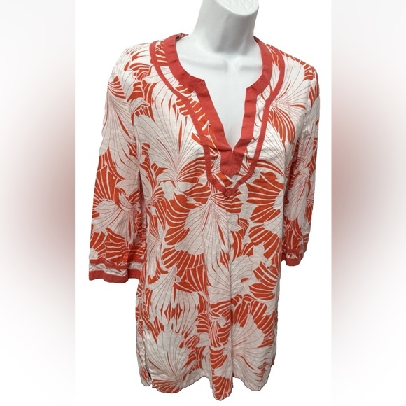 J.Crew Tunic Tropical Floral Print 3/4 Sleeves Cotton Size Medium White Orange - Picture 1 of 15
